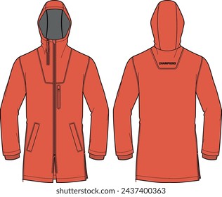 Long sleeve all condition coat Hoodie jacket design flat sketch Illustration, Hooded Parka rain coat with front and back view, winter coat for Men and women for outerwear and long weather jacket