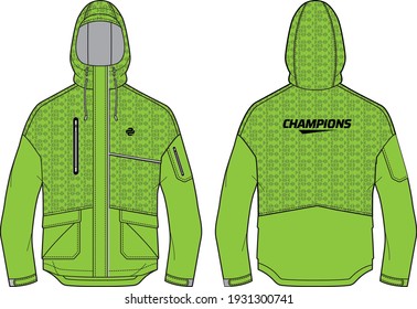 Long sleeve Anorak Hoodie jacket design template in vector, Hooded jacket with front and back view, Anorak winter jacket for Men and women. for training, Running and workout in winter.