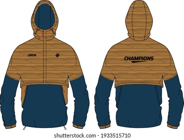 Long sleeve Anorak Hoodie jacket design template in vector, Hooded jacket with front and back view, Anorak winter jacket for Men and women. for training, Running and workout in winter.