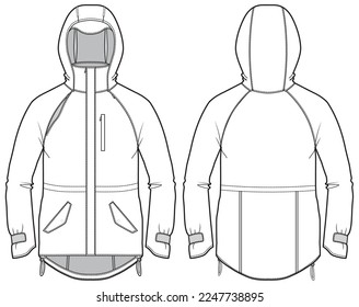 Esbozo plano de la chaqueta Anorak Hoodie de manga larga Ilustración, chaqueta de protección encapuchada con vista frontal y posterior, chaqueta de caracol de invierno para hombres y mujeres. para excursionismo, ultradesgaste en invierno