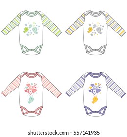 Long sleeve baby bodysuits with cute design, vector illustration, isolated