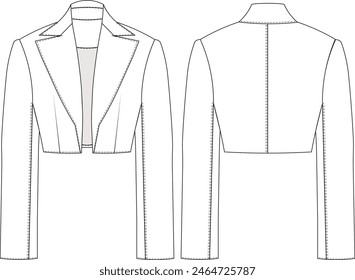 Langarm Basic Crop Blazer Jacke Vorlage Technische Zeichnung Flache Skizze CAD Mockup Mode Frau Design Style Model