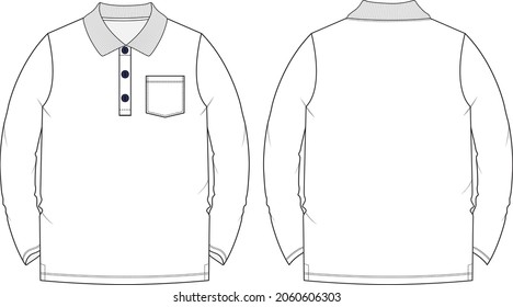 Long sleeve Basic Polo T-shirt With pocket  overall technical fashion flat sketch vector Illustration Mock up template. Polo shirt Apparel clothing design isolated on white background.