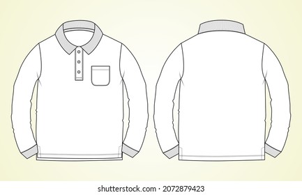 Long Sleeve Basic Polo T-shirt With Pocket Overall Technical Fashion Flat Sketch Vector Illustration Template Front And Back Views. Basic Apparel Design Mock Up For Kids, Boys And Men's.
