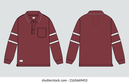 Long sleeve Basic Polo T-shirt With pocket overall technical fashion flat sketch vector Illustration Red Color template front and back views. Basic apparel Design Mock up For boys and men's.
