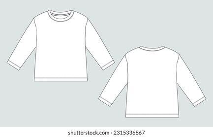 Long Sleeve Basic T-shirt overall technical fashion flat sketch vector Illustration template front and back views. Basic apparel Design Mock up for Kids and boys
