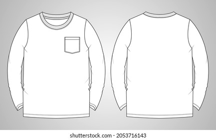 Camiseta básica de manga larga Con pantalla plana de boceto técnico de bolsillo vector de dibujo plano de la plantilla Ilustración vista frontal y trasera. Diseño de prendas de vestir básicas Mugre para niños, niños y hombres.