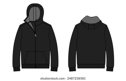 Langarm Schwarz Farbe Hoodie Technical Drawing Fashion Flat Sketch Vektorillustration Vorlage Vorder- und Rückansicht. Bekleidung Bekleidung Design Mock Up Karte 