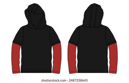 Long sleeve black color hoodie technical drawing fashion flat sketch vector illustration template front and back views. Apparel clothing design mock up cad 