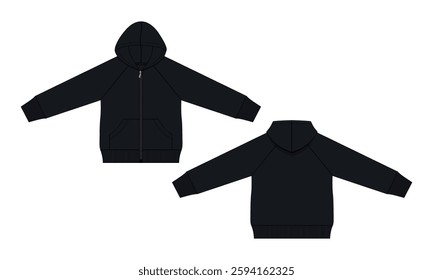 Long sleeve black color hoodie vector illustration template front and back views