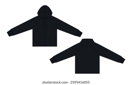 Long sleeve black color hoodie vector illustration template front and back views