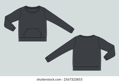 Long sleeve black color sweatshirt with pocket vector illustration template front and back 