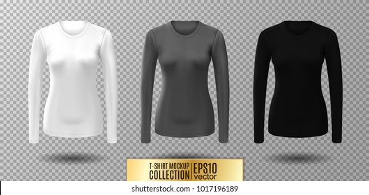 Long Sleeve Blank Shirt. Vector White, Gray And Black Shirt Mockup.