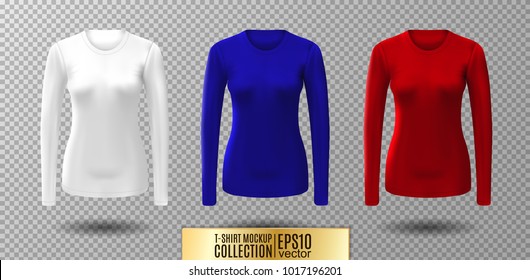 Long sleeve blank shirt. Vector white, red and blue shirt mockup.