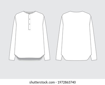 long sleeve blouse with curved edge, front and back. Flat technical sketch drawing of garments, vector illustration.