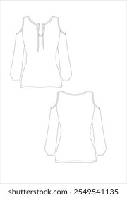 long sleeve blouse, lace up collar, Fashion Illustration, Vector, CAD, Technical Drawing, Straight Drawing, Stencil Maker