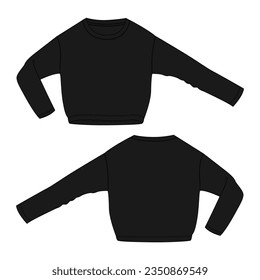 Long sleeve blouse tops technical drawing fashion flat sketch vector illustration black color template for women's.