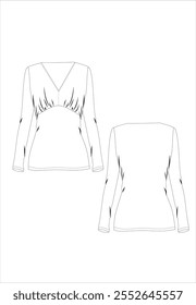 long sleeve blouse, Vector, fashion, CAD, women , technical drawing, template, sketch, Front, back view, white colored jersey or woven fabric,