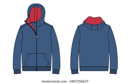 Long sleeve blue color hoodie technical drawing fashion flat sketch vector illustration template front and back views. Apparel clothing design mock up cad for men's.