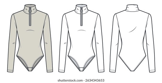Long Sleeve Bodysuit with mock neck and half zip Technical Fashion Illustration. Swimsuit fashion flat technical drawing template, front and back view, white, beige, women, men, unisex CAD mockup.