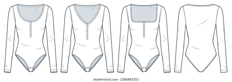 Ilustración técnica de moda de Long Sleeve Bodysuit. Trajes de cuerpo con plantilla técnica de dibujo de moda Butons, v cuello, redondo, cuello cuadrado, frente, retrovista, blanco, mujeres, hombres, conjunto de maquillaje CAD unisex.