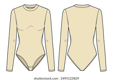 Long Sleeve Bodysuit technical fashion illustration. Round Neck Bodysuit fashion flat technical drawing template, slim fit, front and back view, beige, women, men, unisex Top CAD mockup.