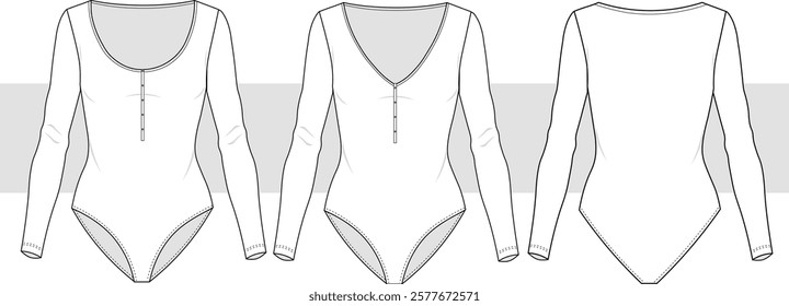 Long sleeve bodysuits set technical fashion illustration. Bodysuits with buttons fashion technical drawing template, v neck, round, front and back view, women, girl, CAD mockup.