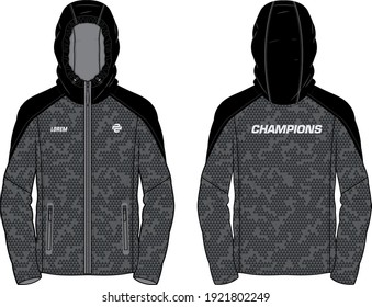 Long sleeve Bomber Hoodie jacket design template in vector, Hooded jacket with front and back view, hooded winter jacket for Men and women. for training, Running and workout in winter