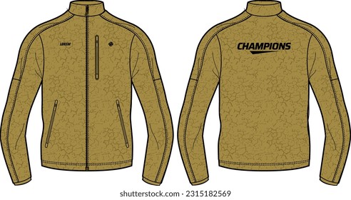 Esbozo plano de la chaqueta Bomber de manga larga Ilustración, chaqueta de capa media con vista frontal y posterior, chaqueta de bicicleta para hombres y mujeres. para vuelos, carreras y ejercicios en invierno