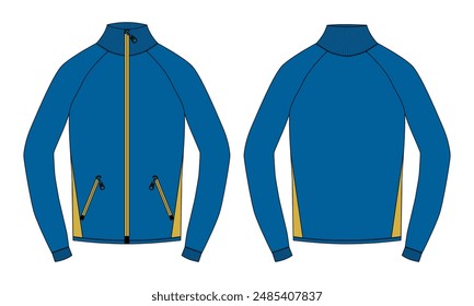 Long sleeve Bomber jacket technical drawing fashion flat sketch vector illustration blue color template for men's. Apparel design mockup easy edit and customizable
