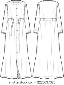 Long Sleeve Button Down Maxi Dress with Knot Belt, , Abaya, Modesty Dress Front and Back View. Fashion Illustration, Vector, CAD, Technical Drawing, Flat Drawing, Template, Mockup.	