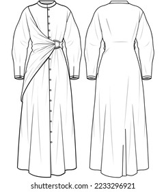 Long Sleeve Button Down Maxi Dress Front Knot Layer, Women Abaya Front and Back View. Fashion Illustration, Vector, CAD, Technical Drawing, Flat Drawing, Template, Mockup.	
