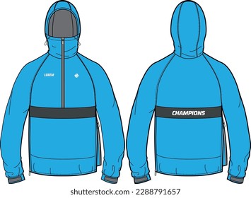 Long sleeve Cagoule Shell Hoodie jacket design flat sketch Illustration, Hooded weather jacket with front and back view, winter jacket for Men and women. for hiker, outerwear and workout in winter