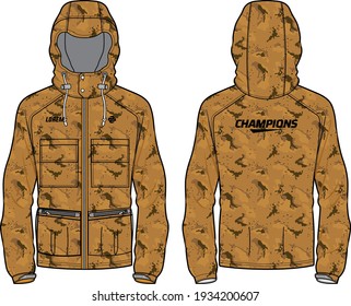 Long sleeve Camouflage Hoodie jacket design template in vector, Hooded utility jacket with front and back view, hooded winter jacket for Men and women. for training, Running and workout in winter