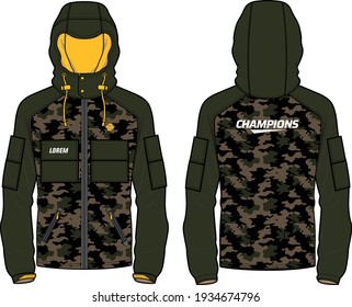 Long sleeve Camouflage Hoodie jacket design template in vector, Hooded utility jacket with front and back view, hooded winter jacket for Men and women. for training, Running and workout in winter