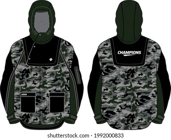 Long sleeve Camouflage Hoodie jacket design template in vector, Hooded utility jacket with front and back view, hooded winter jacket for Men and women. for training, Running and workout in winter