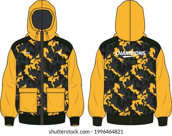 Long sleeve Camouflage Hoodie jacket design template in vector, Hooded utility jacket with front and back view, hooded winter jacket for Men and women. for training, Running and workout in winter