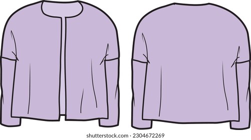 Long sleeve cardigan front and back flat sketch technical drawing vector illustration template