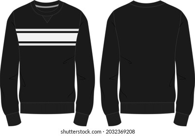 Long sleeve  With chest stripe  Sweatshirt fashion Flat Sketches technical drawing vector template for men's. Apparel design mockup CAD illustration. Sweater fashion design isolated on white.