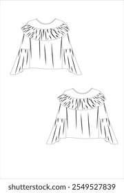Long Sleeve Closed blouse, ruffle detail , Fashion Illustration, Vector, CAD, Technical Drawing, Straight Drawing, Stencil Maker