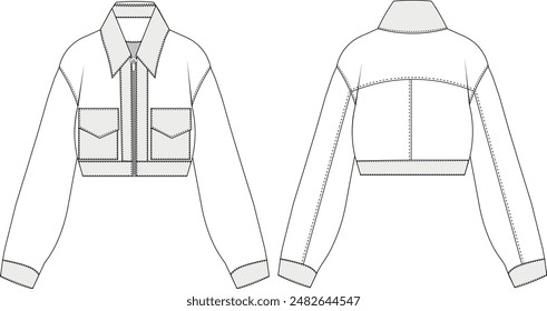 long sleeve collared zippered leather, denim, jean, jacket, technical, drawing, flat, sketch, template, fashion, woman, man