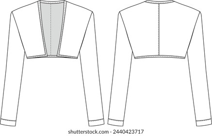 long sleeve collarless crop cropped bolero jacket template technical drawing flat sketch cad mockup fashion woman design style model 