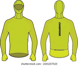 Long sleeve Compression running base layer top t shirt with thumb hole and Hood face cover design flat sketch illustration, Sports jersey Active wear compression top concept with front and back view