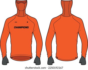 Long sleeve Compression running base layer top t shirt with thumb hole and Hood face cover design flat sketch illustration, Sports jersey Active wear compression top concept with front and back view