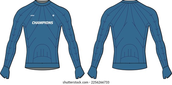 Long sleeve Compression running base layer top t shirt flat sketch design illustration, Tight fit top design vector template, Active wear compression top concept with front and back view