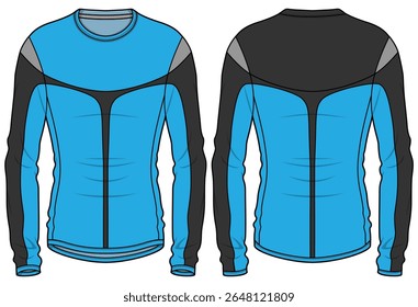 Long sleeve Compression running base layer top t shirt flat sketch design illustration, Tight fit top design vector template, Active wear compression top concept with front and back view cad drawing