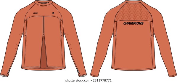 Long sleeve Compression running top t shirt flat sketch design illustration, Sports jersey design vector template, Active wear compression top concept with front and back view. Ventilated Run Sweat