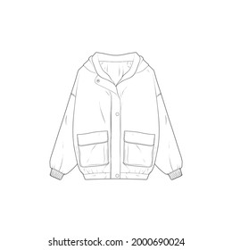Long Sleeve Corduroy Patchwork Coat Oversize Jacket outline drawing vector, Long Sleeve Corduroy Patchwork Coat Oversize Jacket in a sketch style, trainers template outline, vector Illustration.