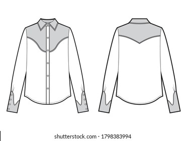 Long sleeve cowboy shirt, fashion flat black and white sketch template.