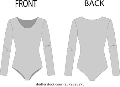 Long Sleeve Crew Neck Bodysuit Vector Mockup, Long Sleeve Bodysuit Fashion Illustration, Crew Neck Bodysuit Vector Mockup, Flat Shoes, CAD Mockup, Technical Drawing.